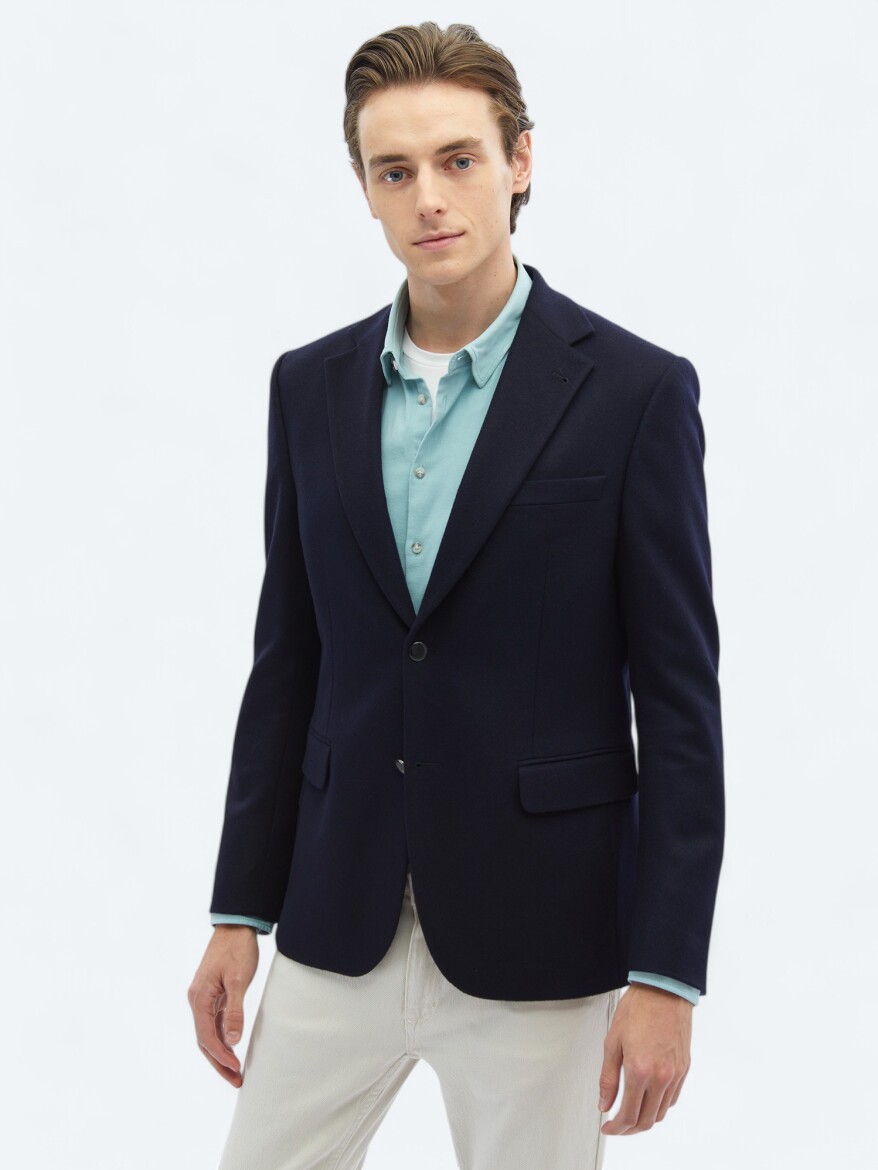 Navy Blue Plain Modern Fit Wool Blended Jacket - 1