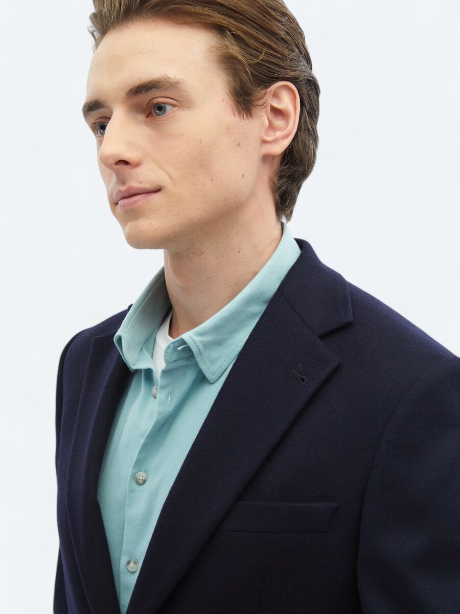 Navy Blue Plain Modern Fit Wool Blended Jacket - 4