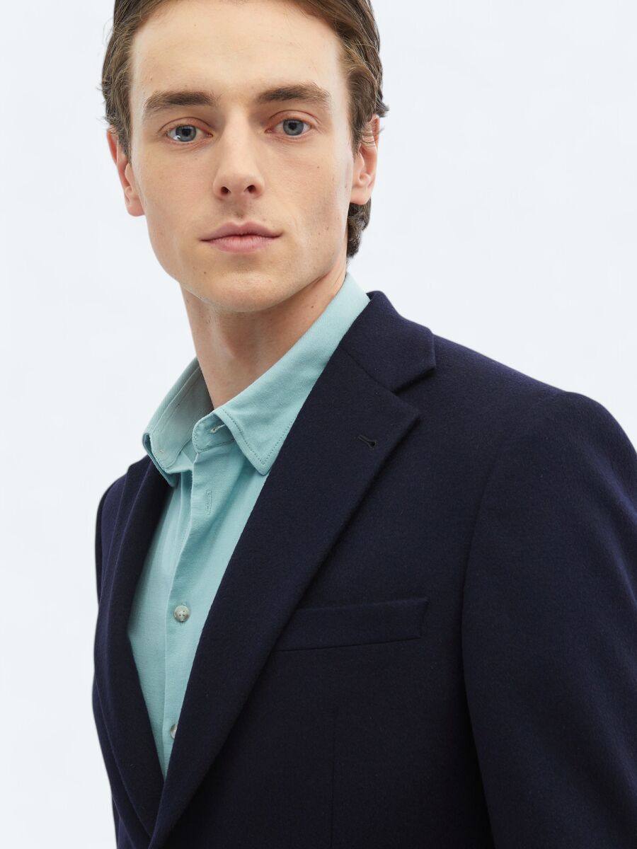 Navy Blue Plain Modern Fit Wool Blended Jacket - 5