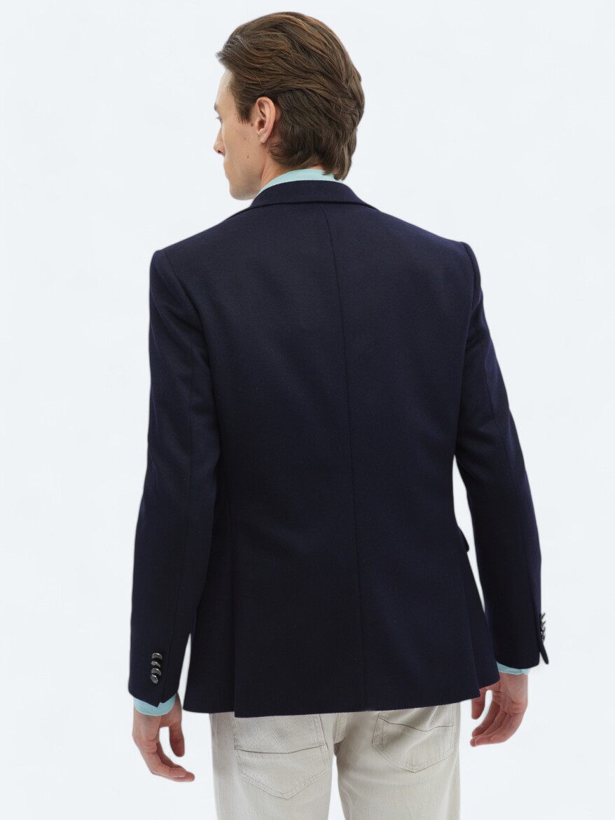 Navy Blue Plain Modern Fit Wool Blended Jacket - 7