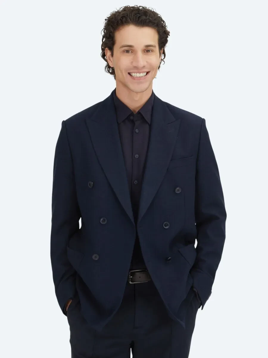 Navy Blue Plain Modern Fit Wool Blended Jacket - 3