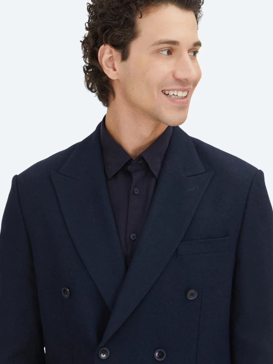 Navy Blue Plain Modern Fit Wool Blended Jacket - 4
