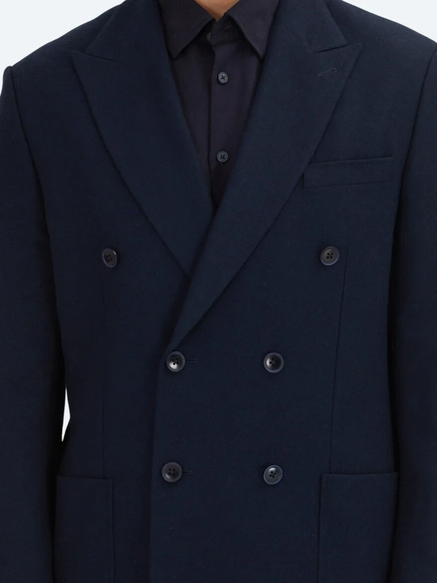Navy Blue Plain Modern Fit Wool Blended Jacket - 5