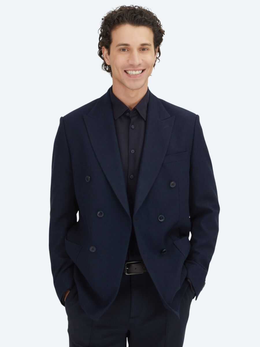 Navy Blue Plain Modern Fit Wool Blended Jacket - 3
