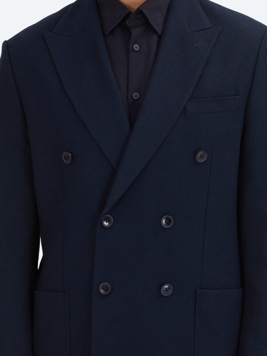 Navy Blue Plain Modern Fit Wool Blended Jacket - 5