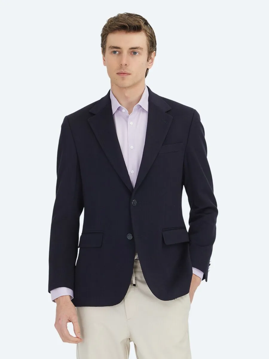 Navy Blue Plain Modern Fit Wool Blended Jacket - 4