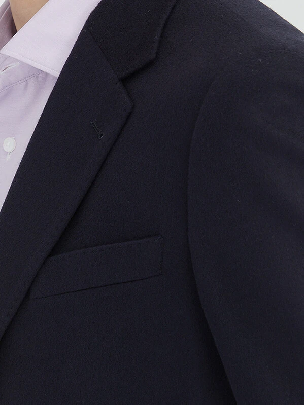 Navy Blue Plain Modern Fit Wool Blended Jacket - 5