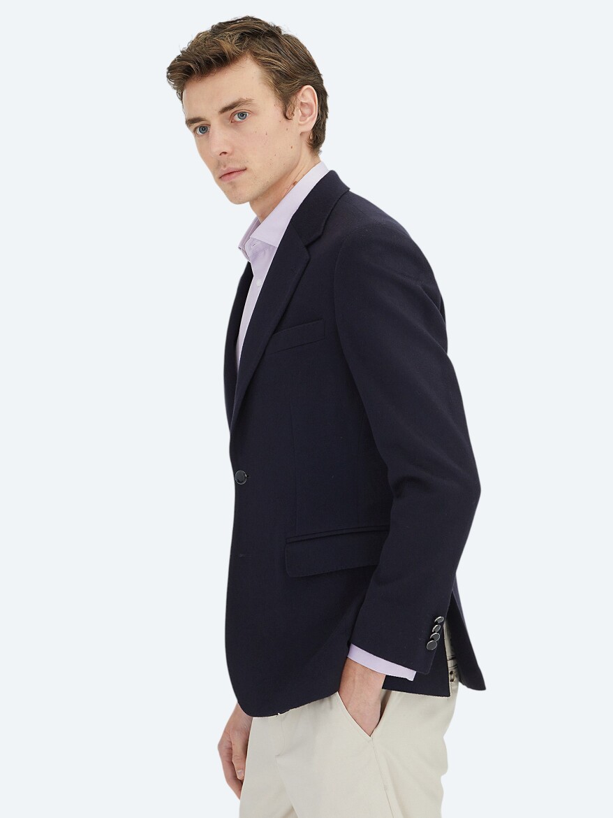 Navy Blue Plain Modern Fit Wool Blended Jacket - 2