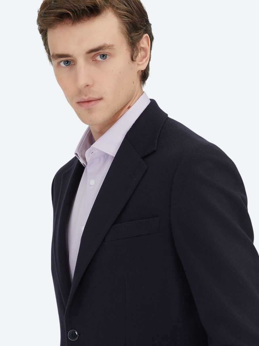 Navy Blue Plain Modern Fit Wool Blended Jacket - 3