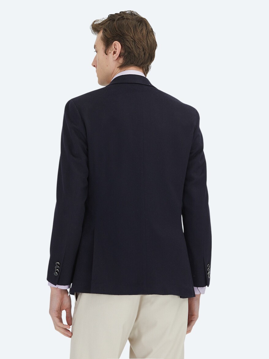 Navy Blue Plain Modern Fit Wool Blended Jacket - 6