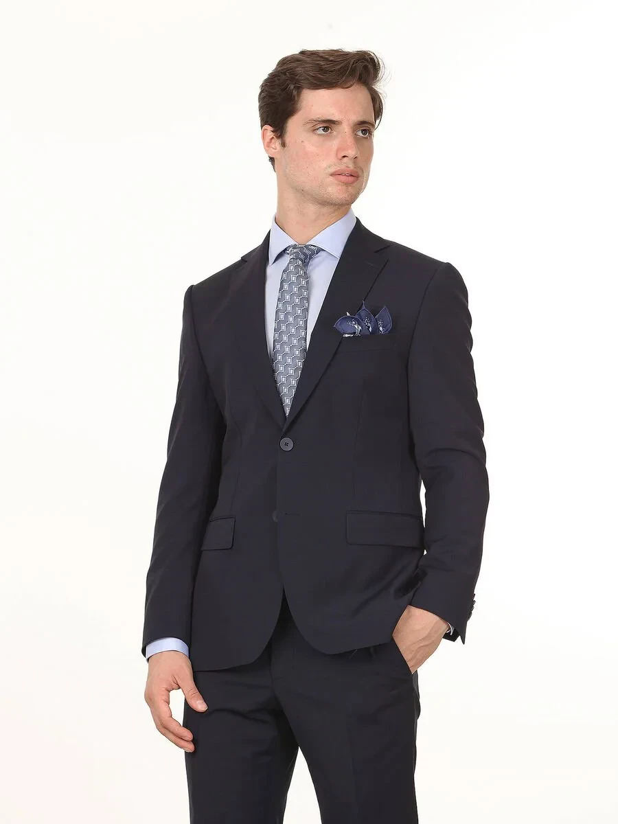 Navy Blue Plain Modern Fit Wool Blended Suit - 1