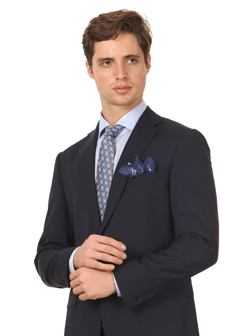 Navy Blue Plain Modern Fit Wool Blended Suit - 2