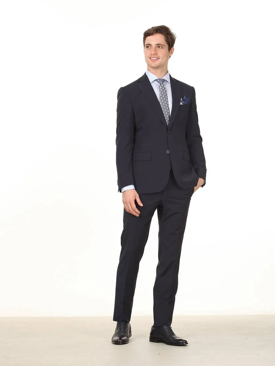 Navy Blue Plain Modern Fit Wool Blended Suit - 3