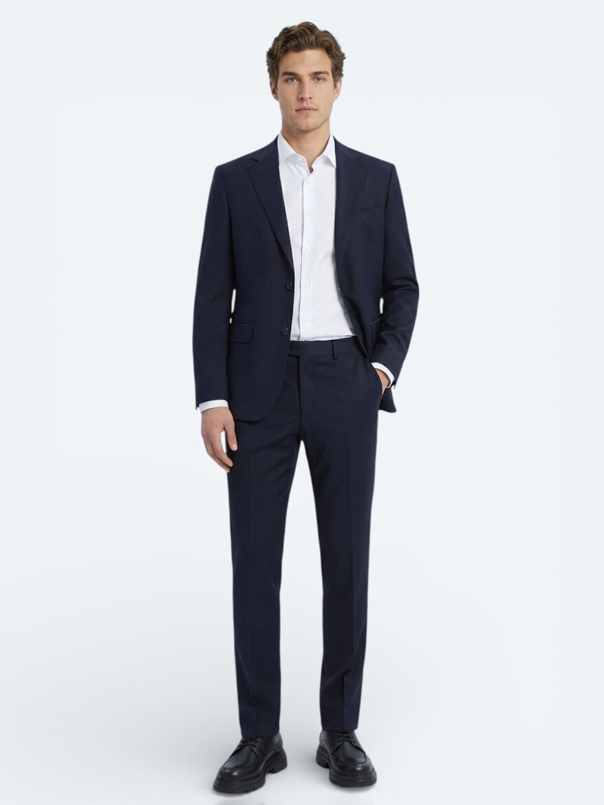 Navy Blue Plain Modern Fit Wool Blended Suit - 2