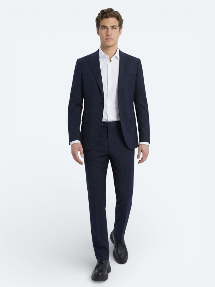 Navy Blue Plain Modern Fit Wool Blended Suit - 3