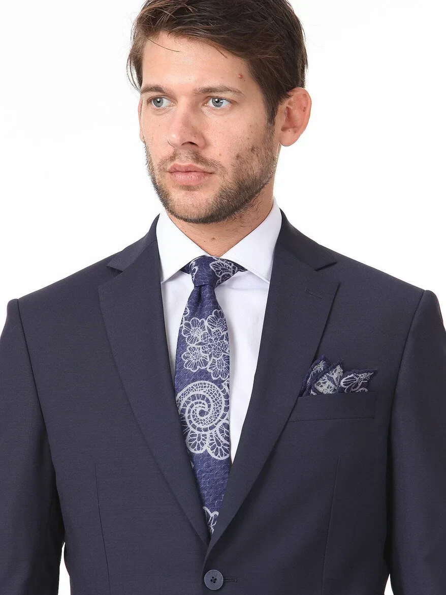 Navy Blue Plain Modern Fit Wool Blended Suit - 2