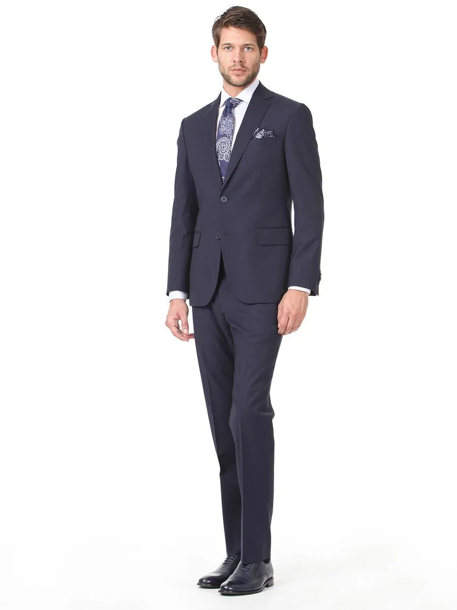 Navy Blue Plain Modern Fit Wool Blended Suit - 3
