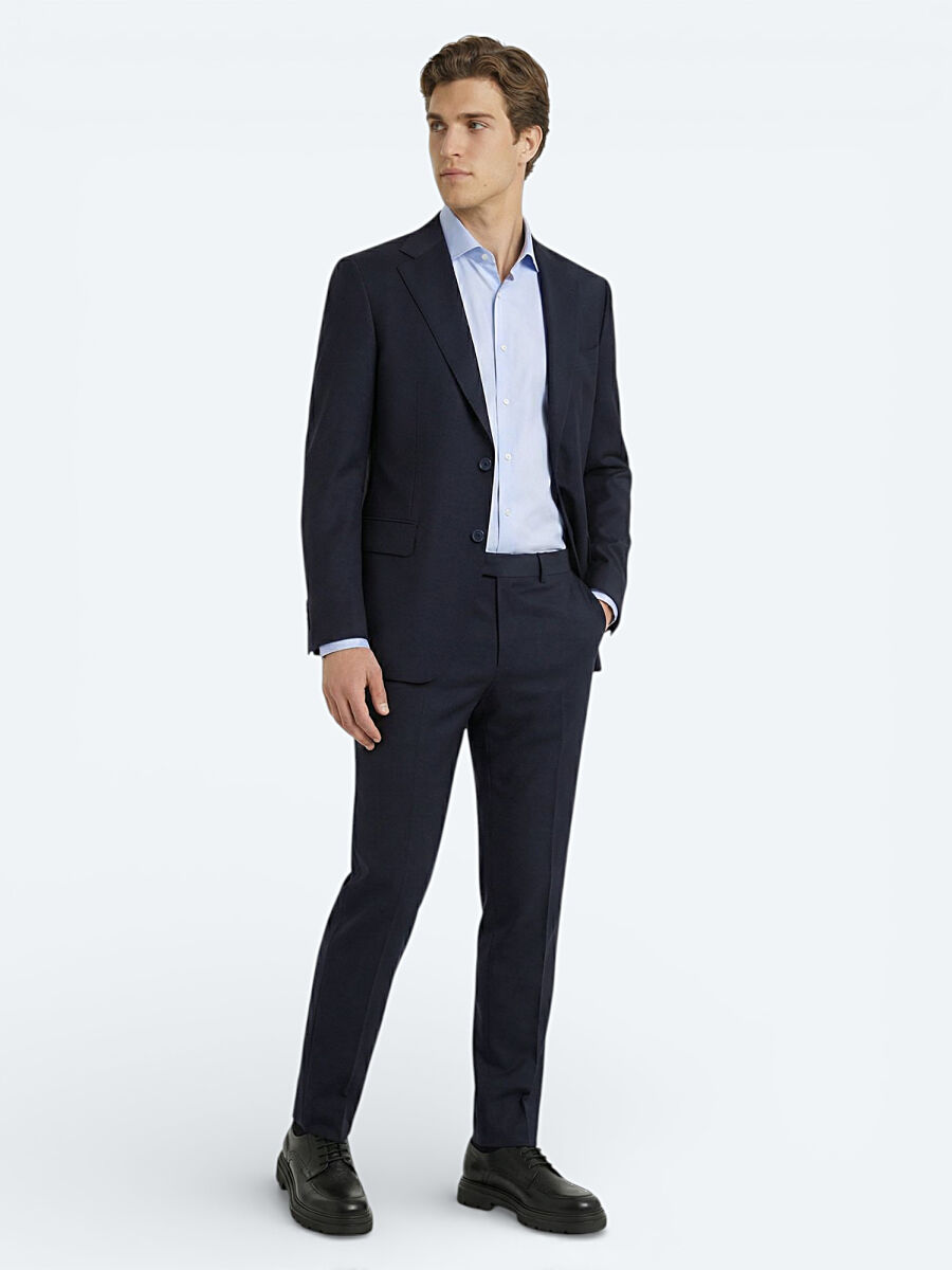 Navy Blue Plain Modern Fit Wool Blended Suit - 1