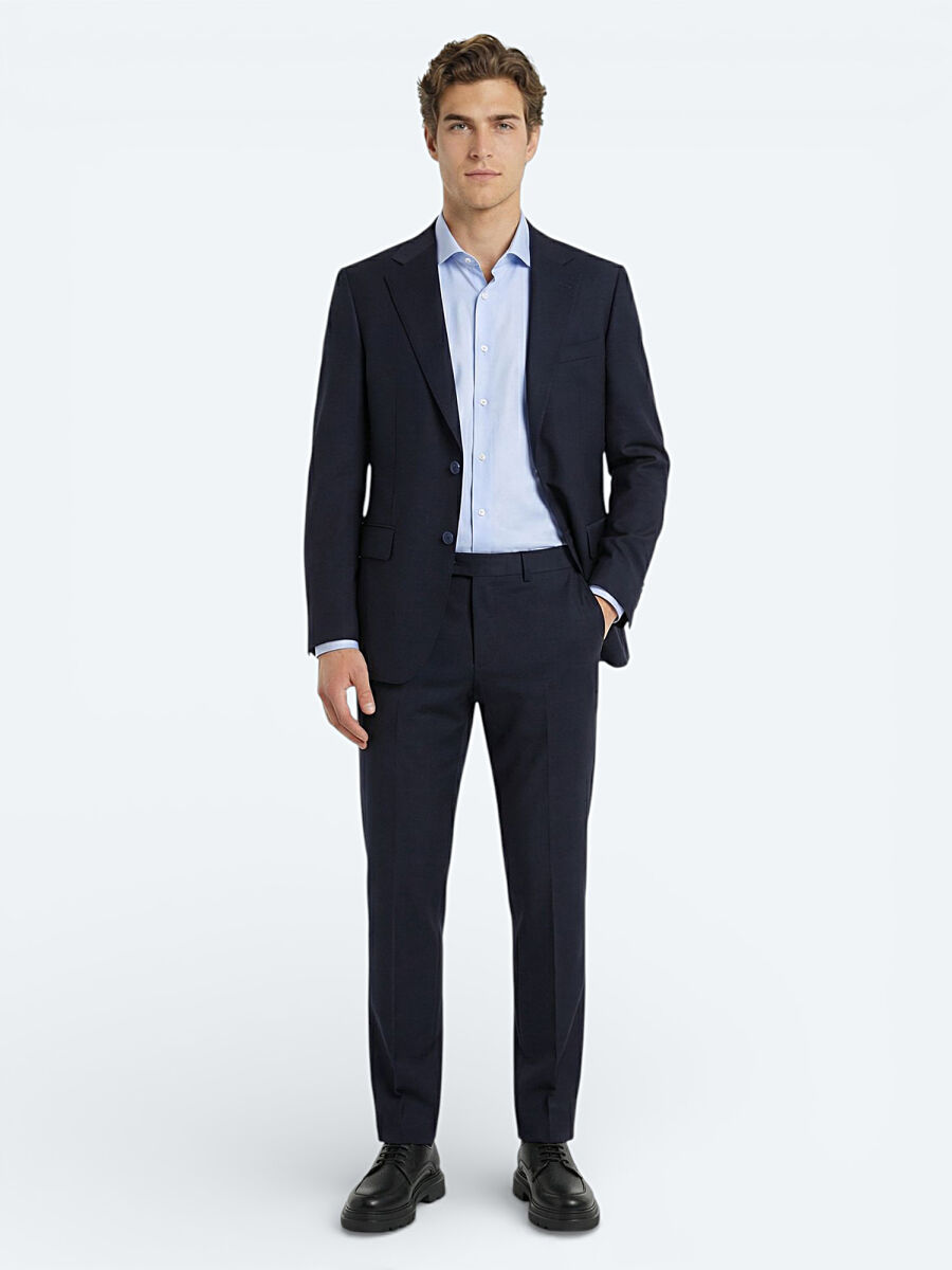 Navy Blue Plain Modern Fit Wool Blended Suit - 3