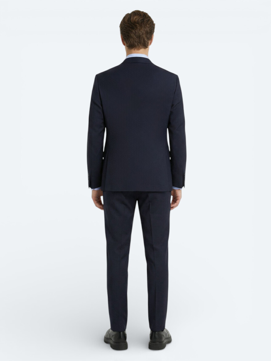 Navy Blue Plain Modern Fit Wool Blended Suit - 4