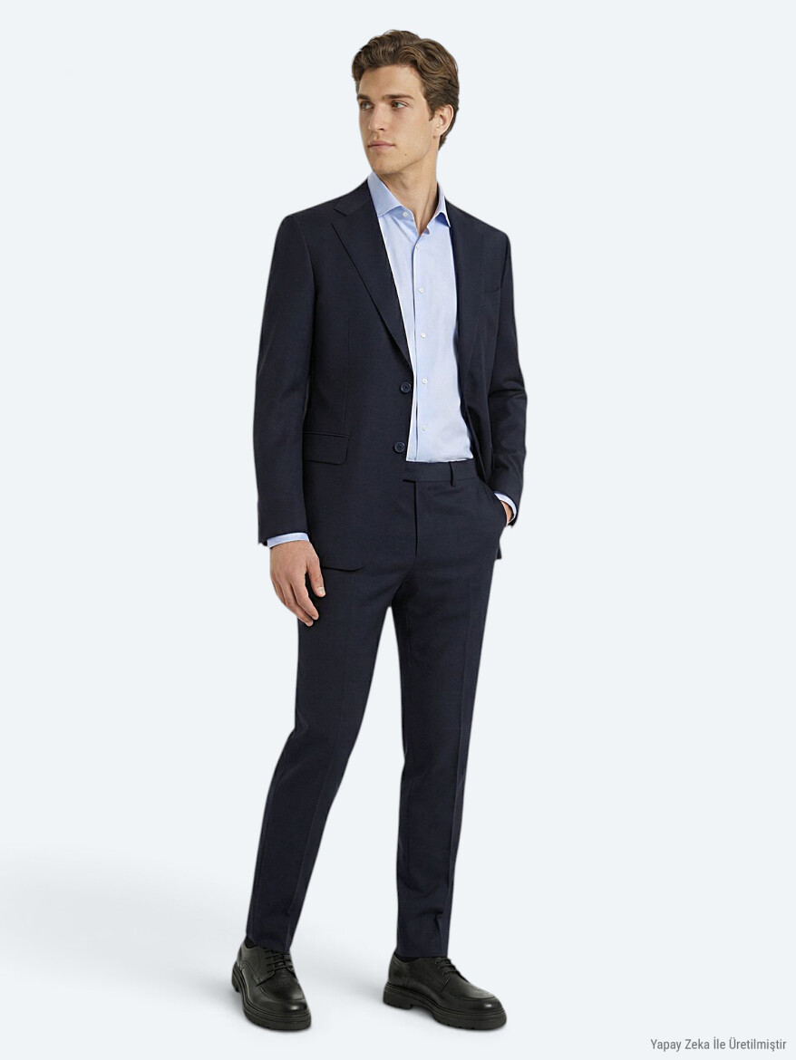 Navy Blue Plain Modern Fit Wool Blended Suit 