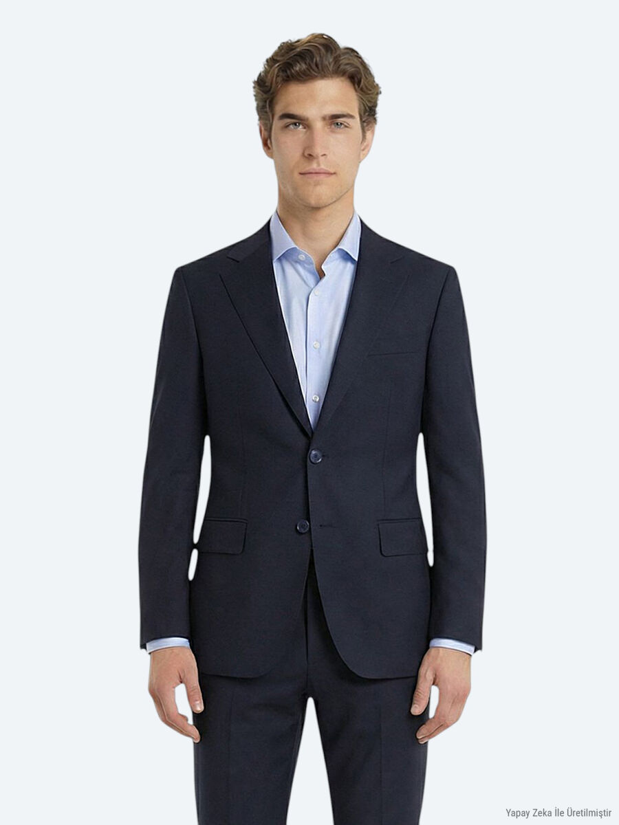 Navy Blue Plain Modern Fit Wool Blended Suit - 2