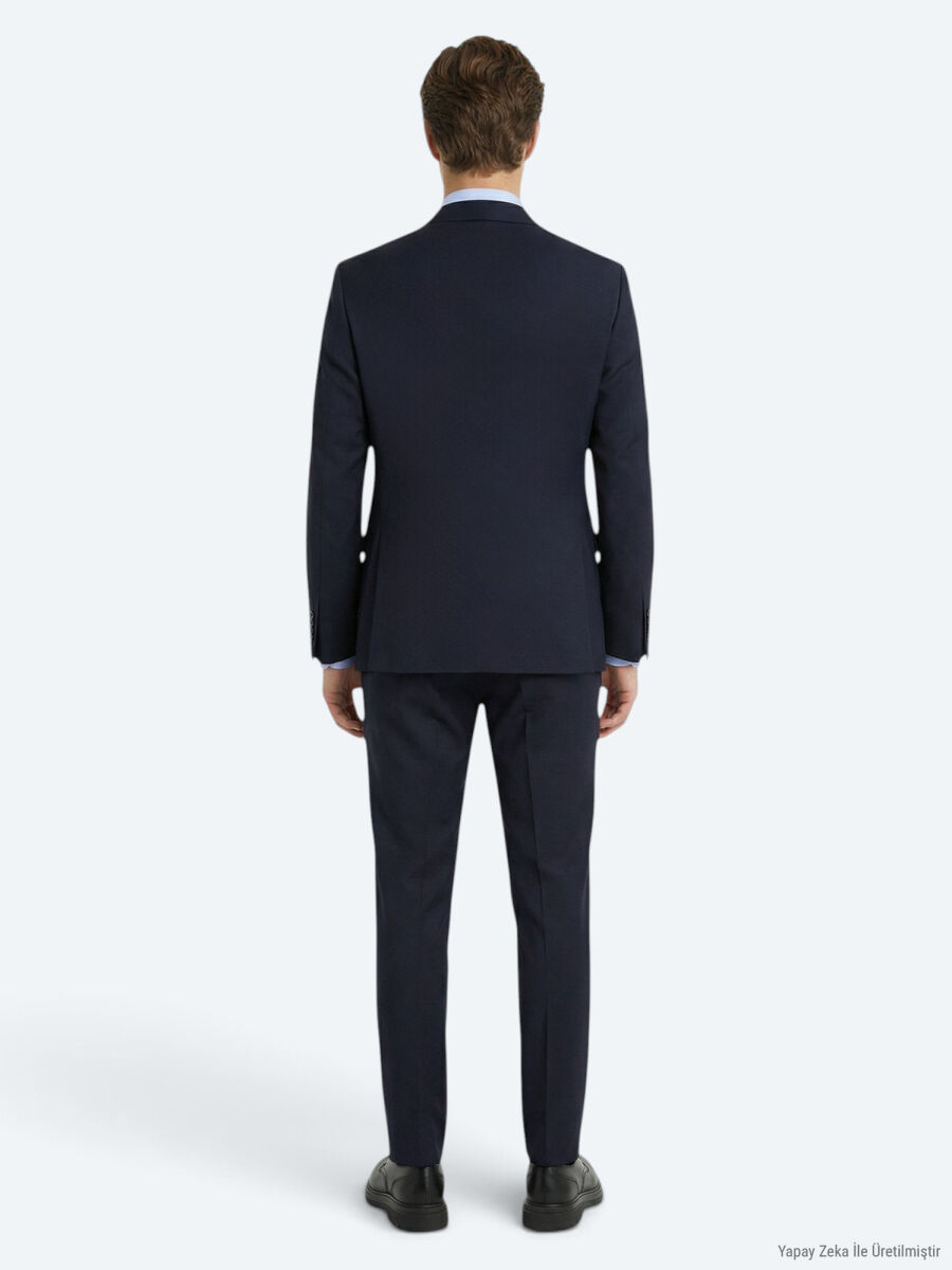 Navy Blue Plain Modern Fit Wool Blended Suit - 4