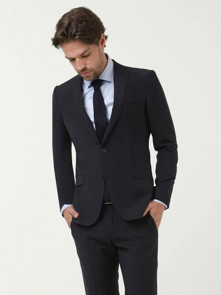 Navy Blue Plain Modern Fit Wool Blended Suit - 3