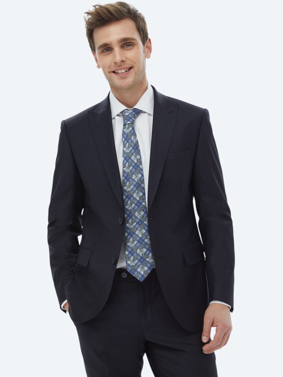 Navy Blue Plain Modern Fit Wool Blended Suit - 1