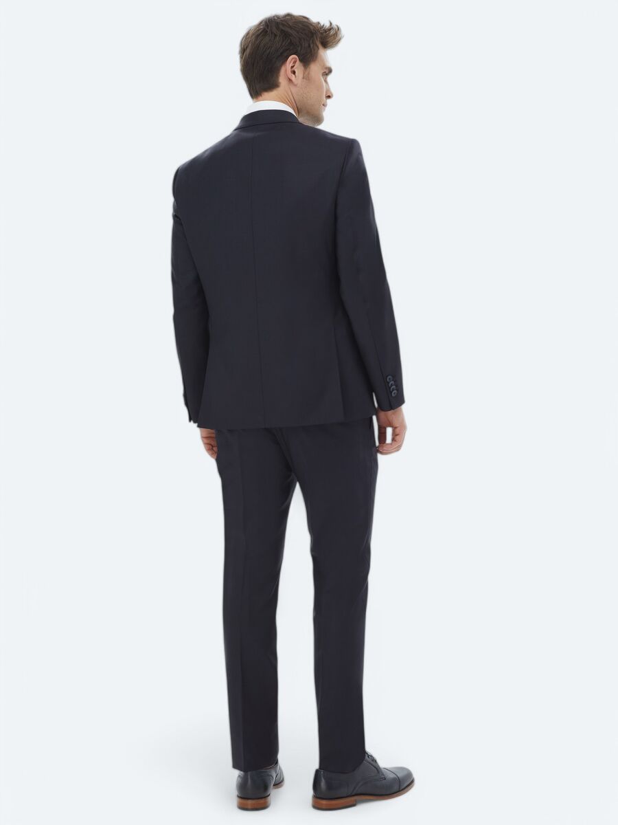 Navy Blue Plain Modern Fit Wool Blended Suit - 5