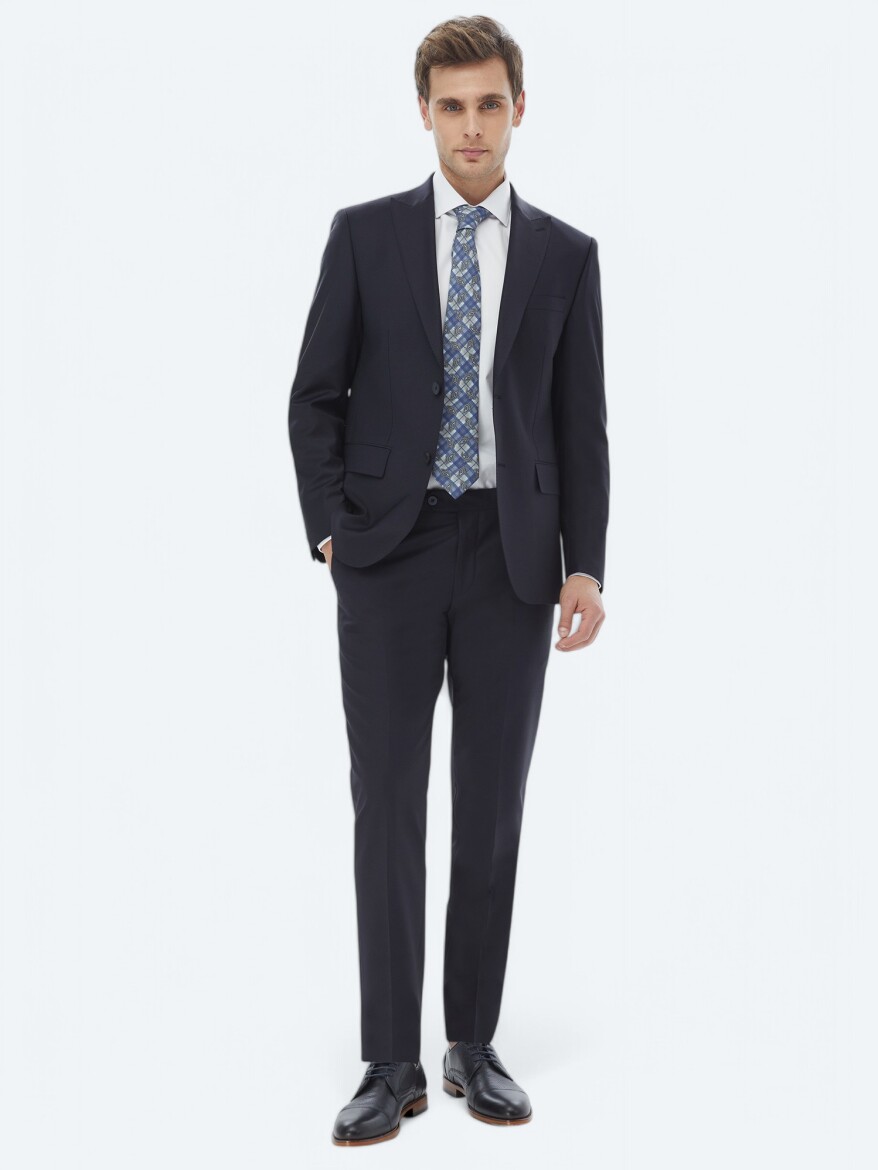 Navy Blue Plain Modern Fit Wool Blended Suit - 1