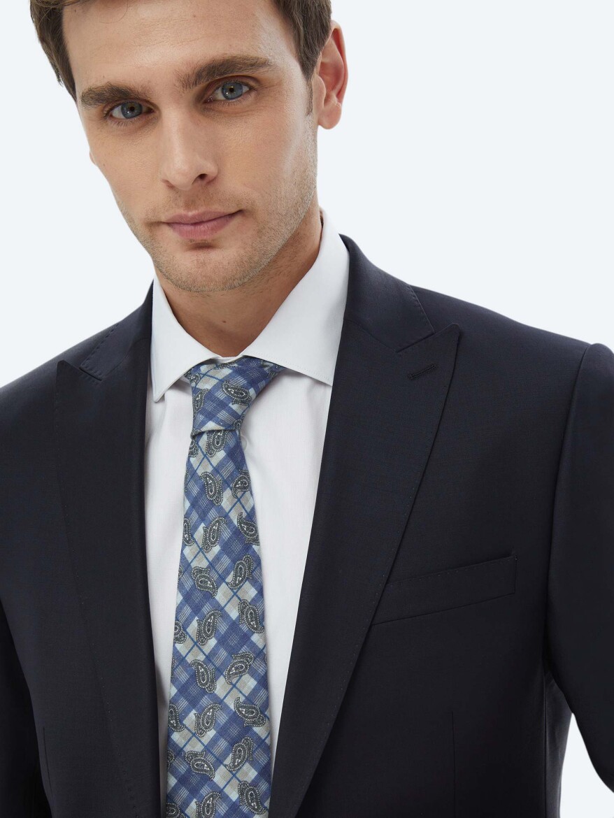 Navy Blue Plain Modern Fit Wool Blended Suit - 3