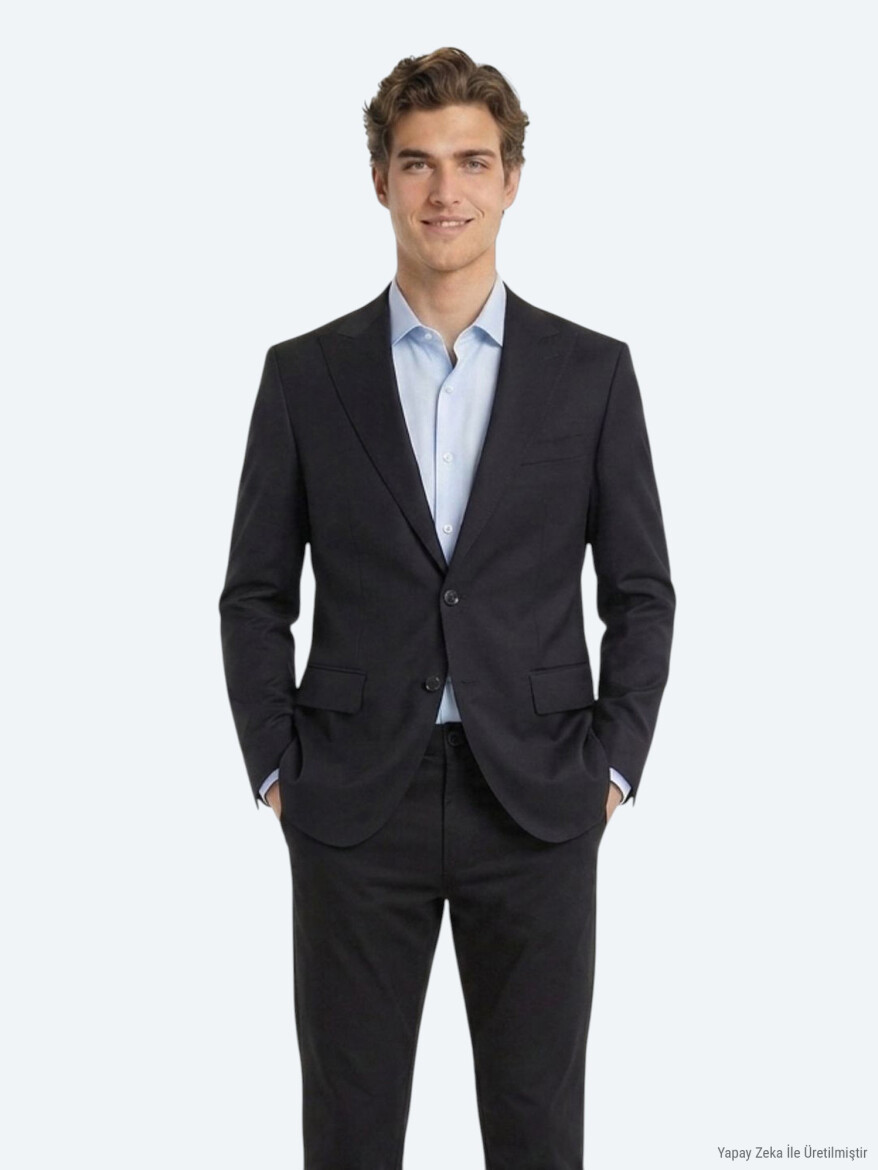 Navy Blue Plain Modern Fit Wool Blended Suit - KİP