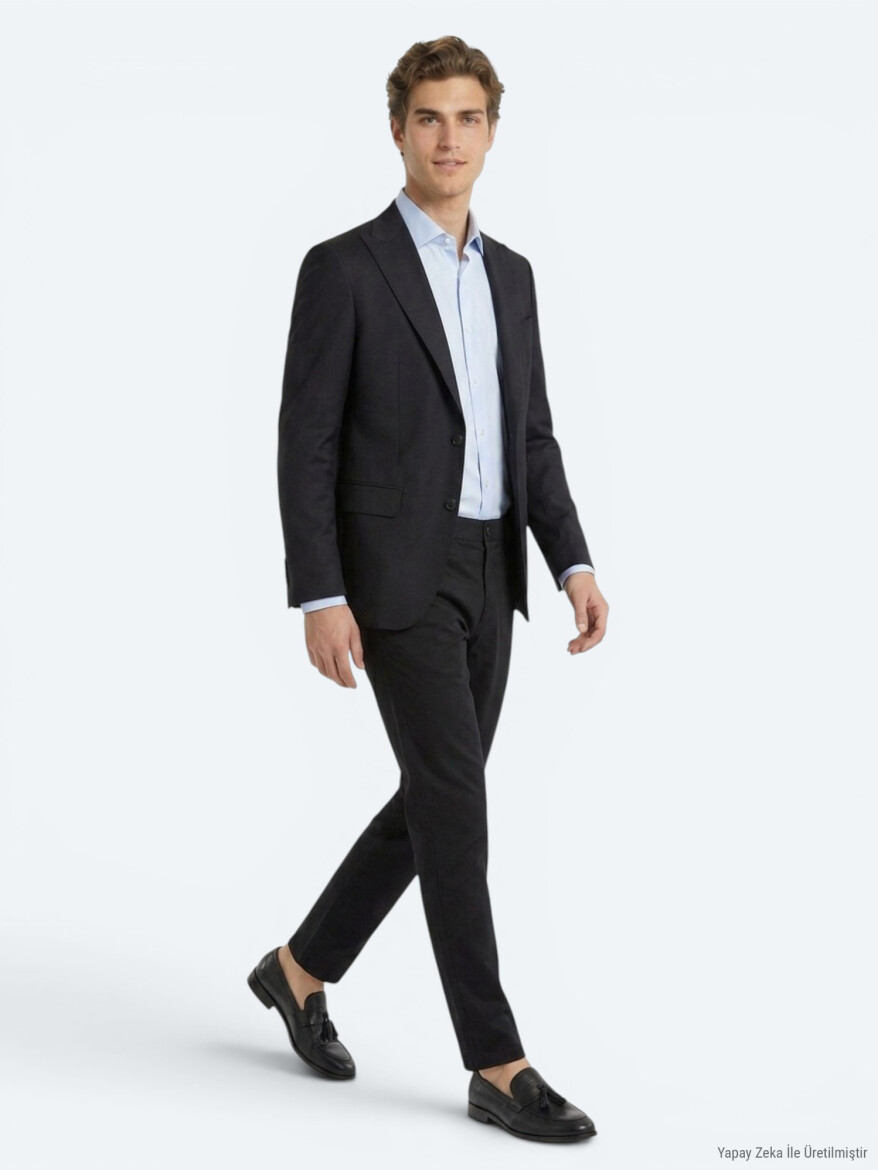 Navy Blue Plain Modern Fit Wool Blended Suit - KİP