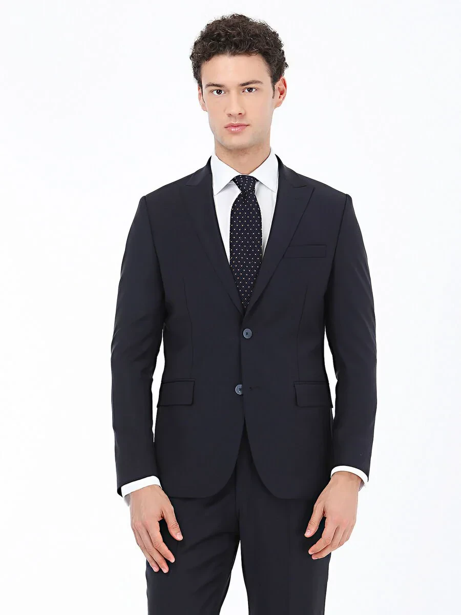 Navy Blue Plain Modern Fit Wool Blended Suit - 1