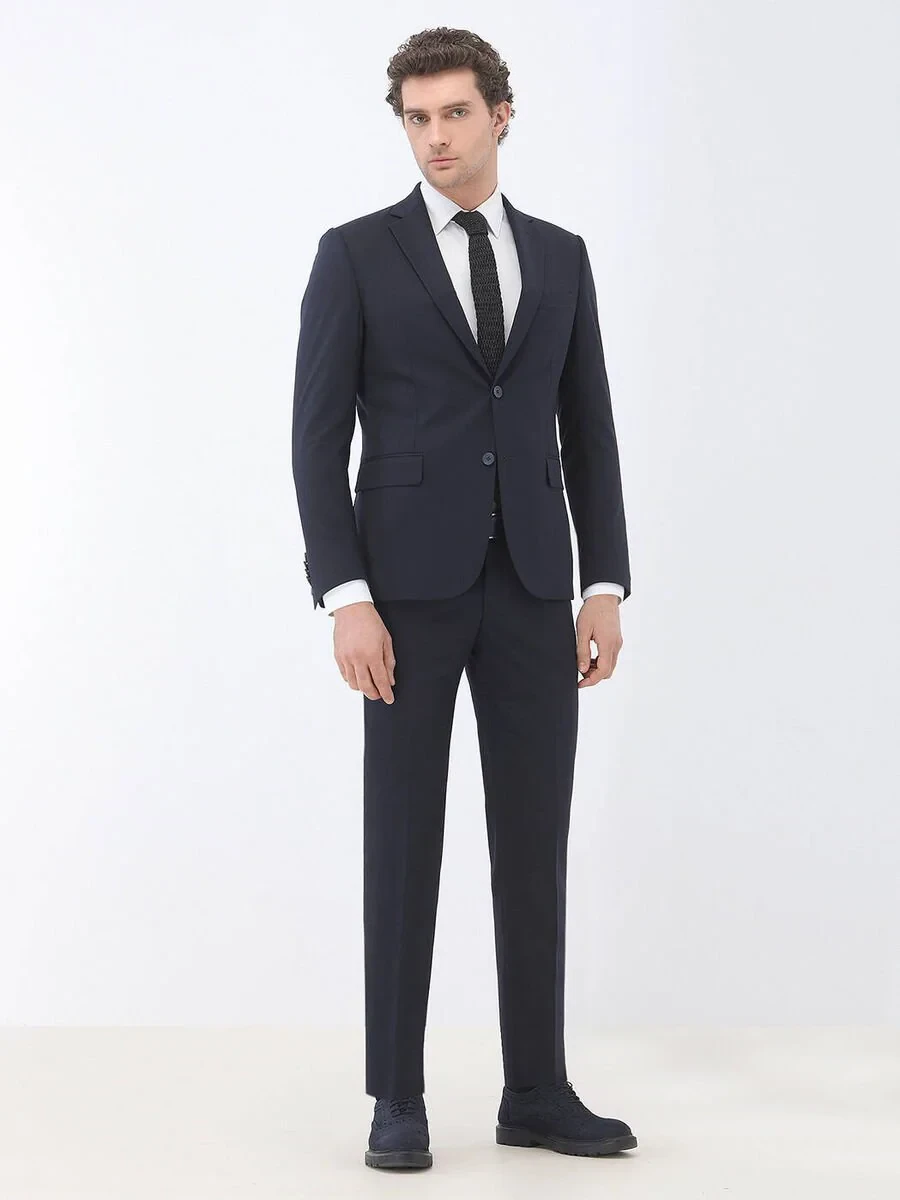 Navy Blue Plain Modern Fit Wool Blended Suit - 2
