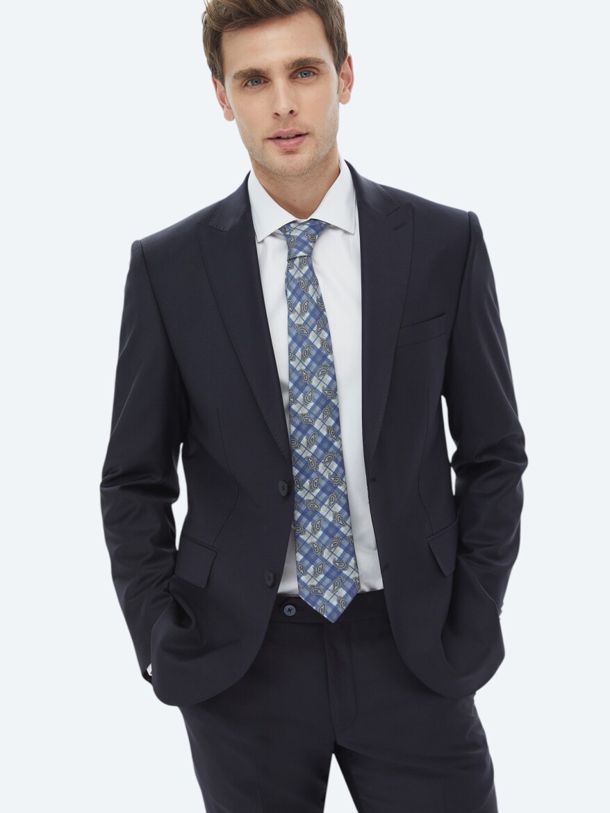 Navy Blue Plain Modern Fit Wool Blended Suit - 2