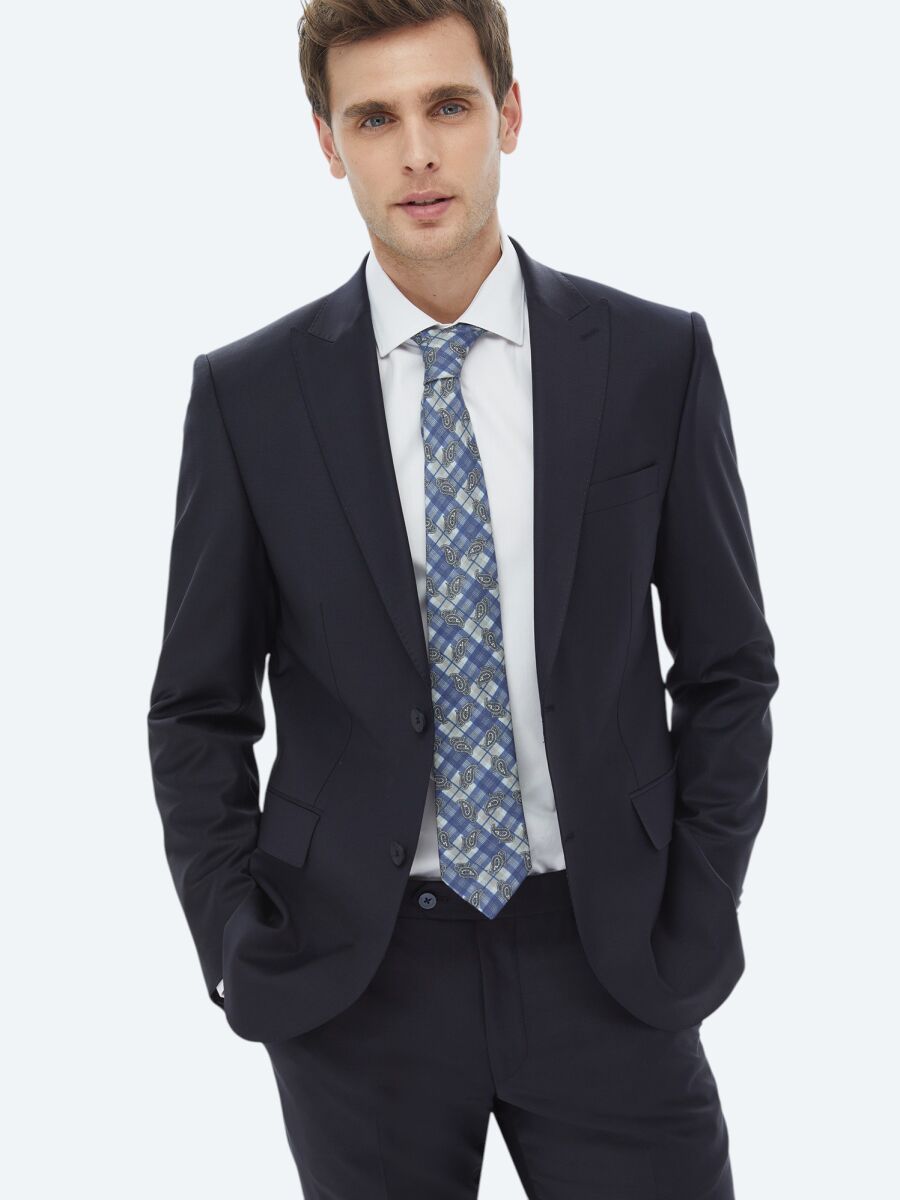 Navy Blue Plain Modern Fit Wool Blended Suit - 2