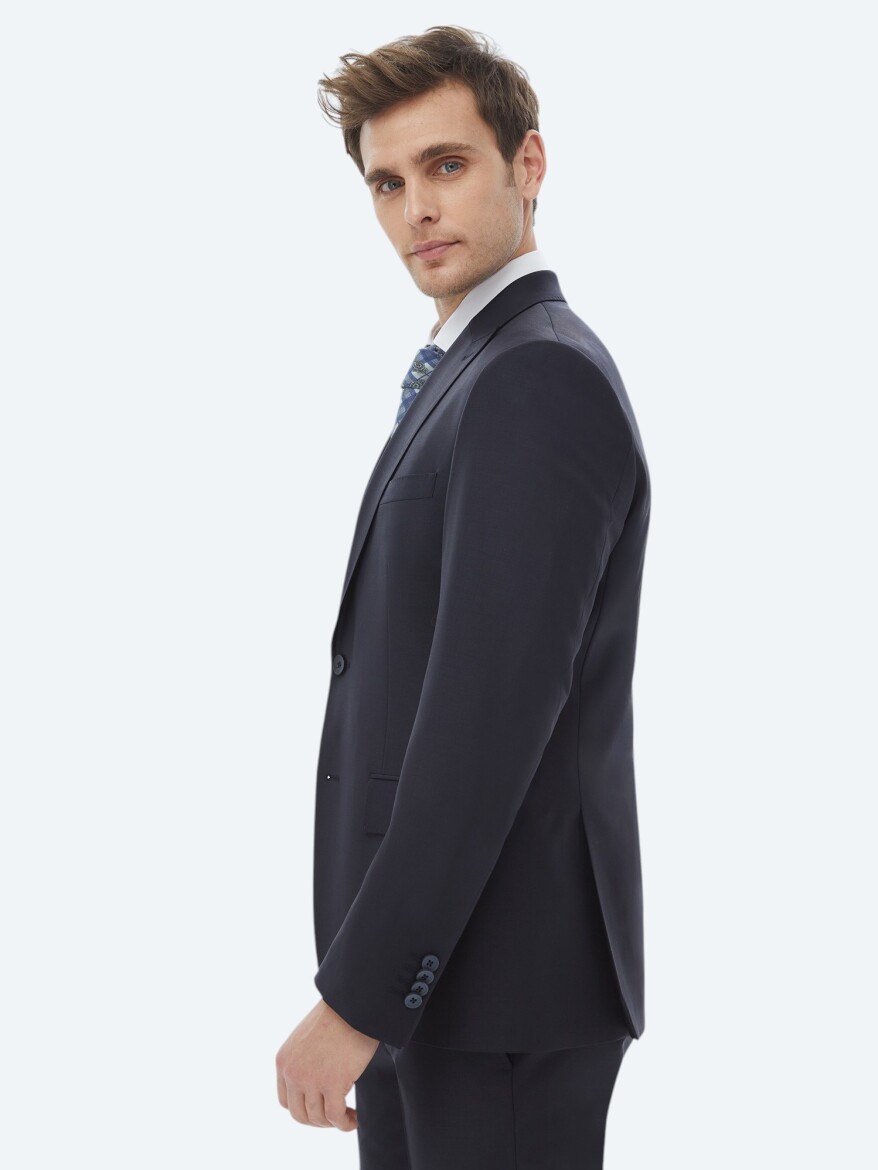 Navy Blue Plain Modern Fit Wool Blended Suit - 5