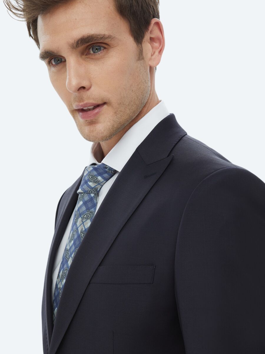 Navy Blue Plain Modern Fit Wool Blended Suit - 6