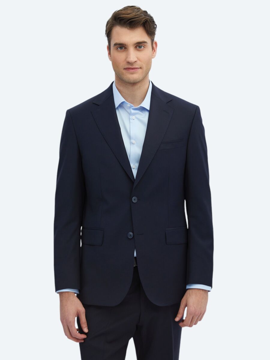 Navy Blue Plain Modern Fit Wool Blended Suit - 1
