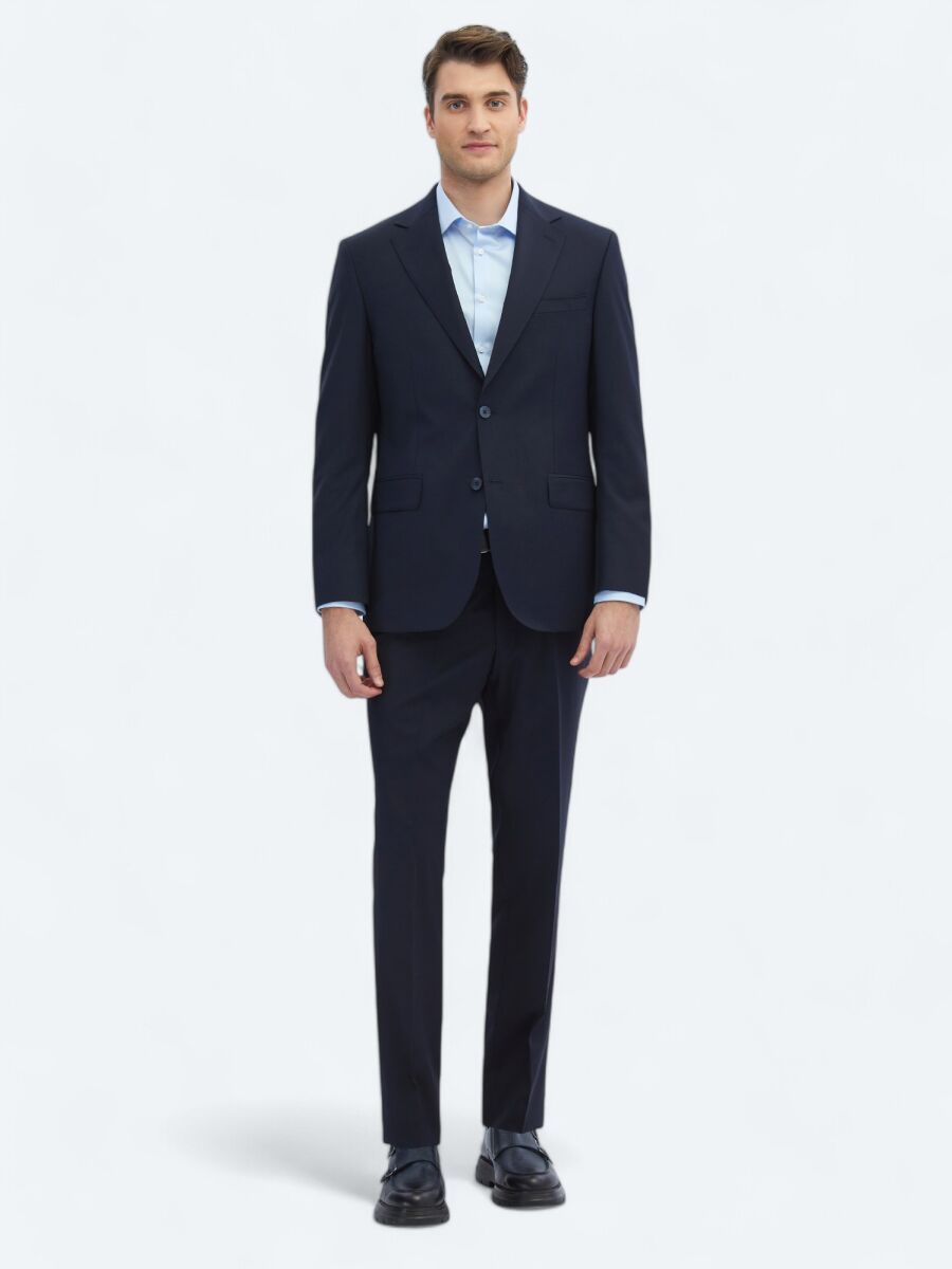 Navy Blue Plain Modern Fit Wool Blended Suit - 2