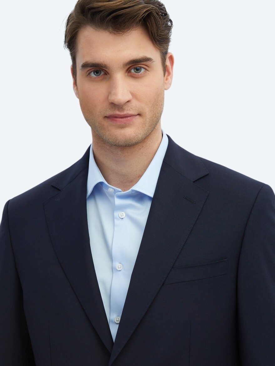 Navy Blue Plain Modern Fit Wool Blended Suit - 3