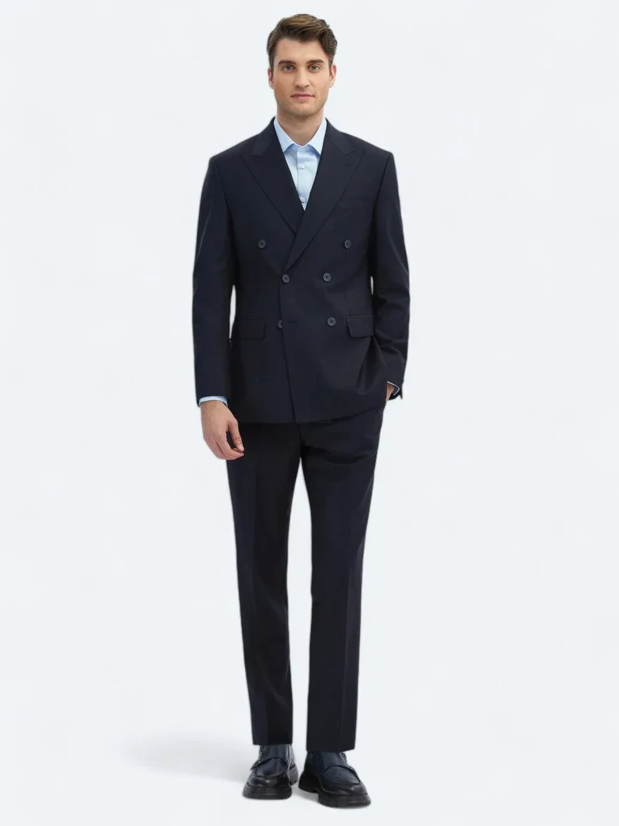 Navy Blue Plain Modern Fit Wool Blended Suit - 2