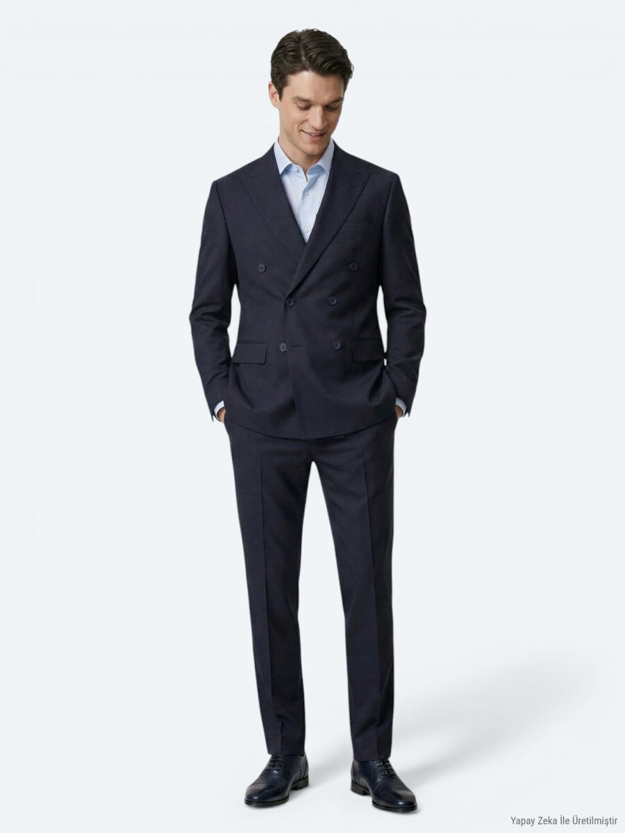 Navy Blue Plain Modern Fit Wool Blended Suit - 2