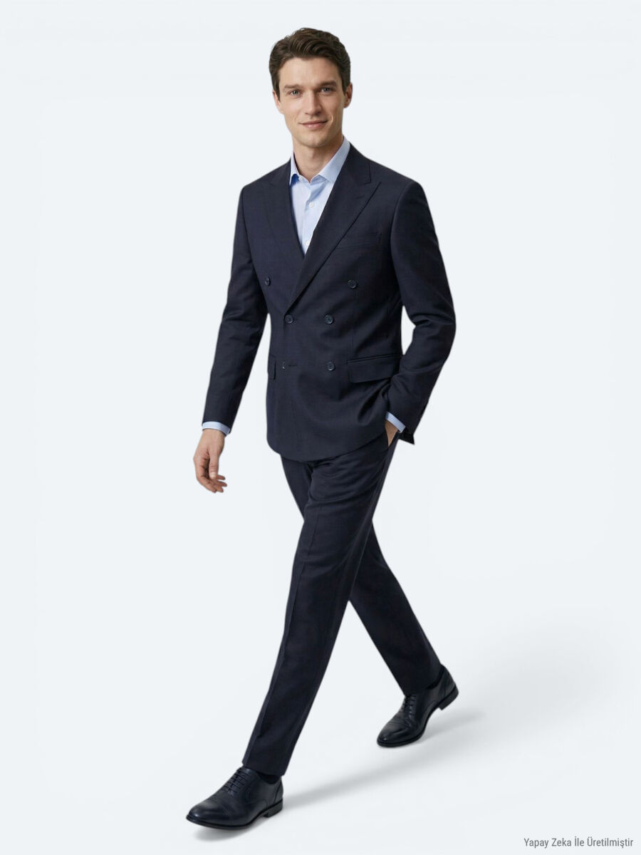 Navy Blue Plain Modern Fit Wool Blended Suit - 3