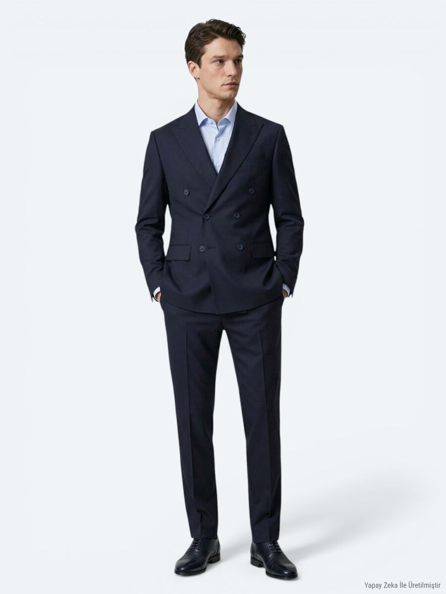 Navy Blue Plain Modern Fit Wool Blended Suit - 4