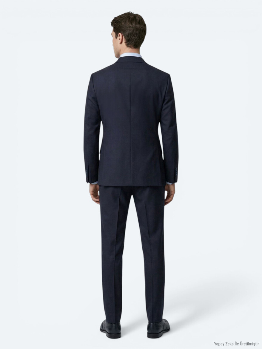 Navy Blue Plain Modern Fit Wool Blended Suit - 5