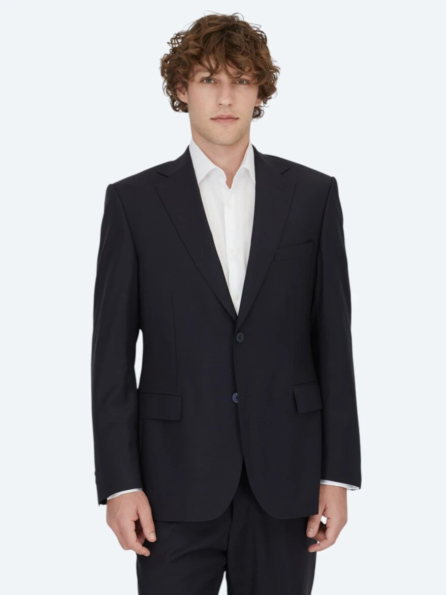 Navy Blue Plain Modern Fit Wool Blended Suit - 1