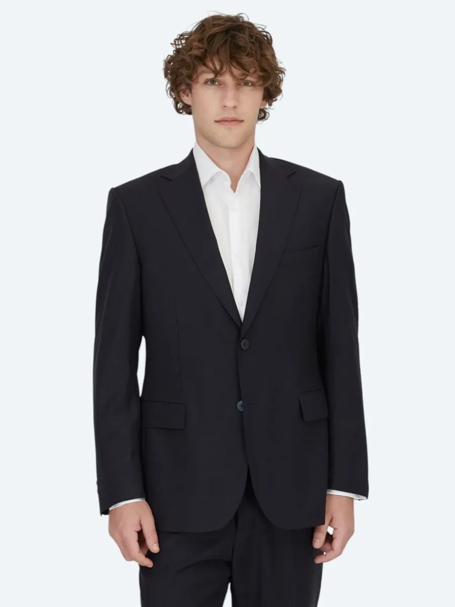 Navy Blue Plain Modern Fit Wool Blended Suit - 1